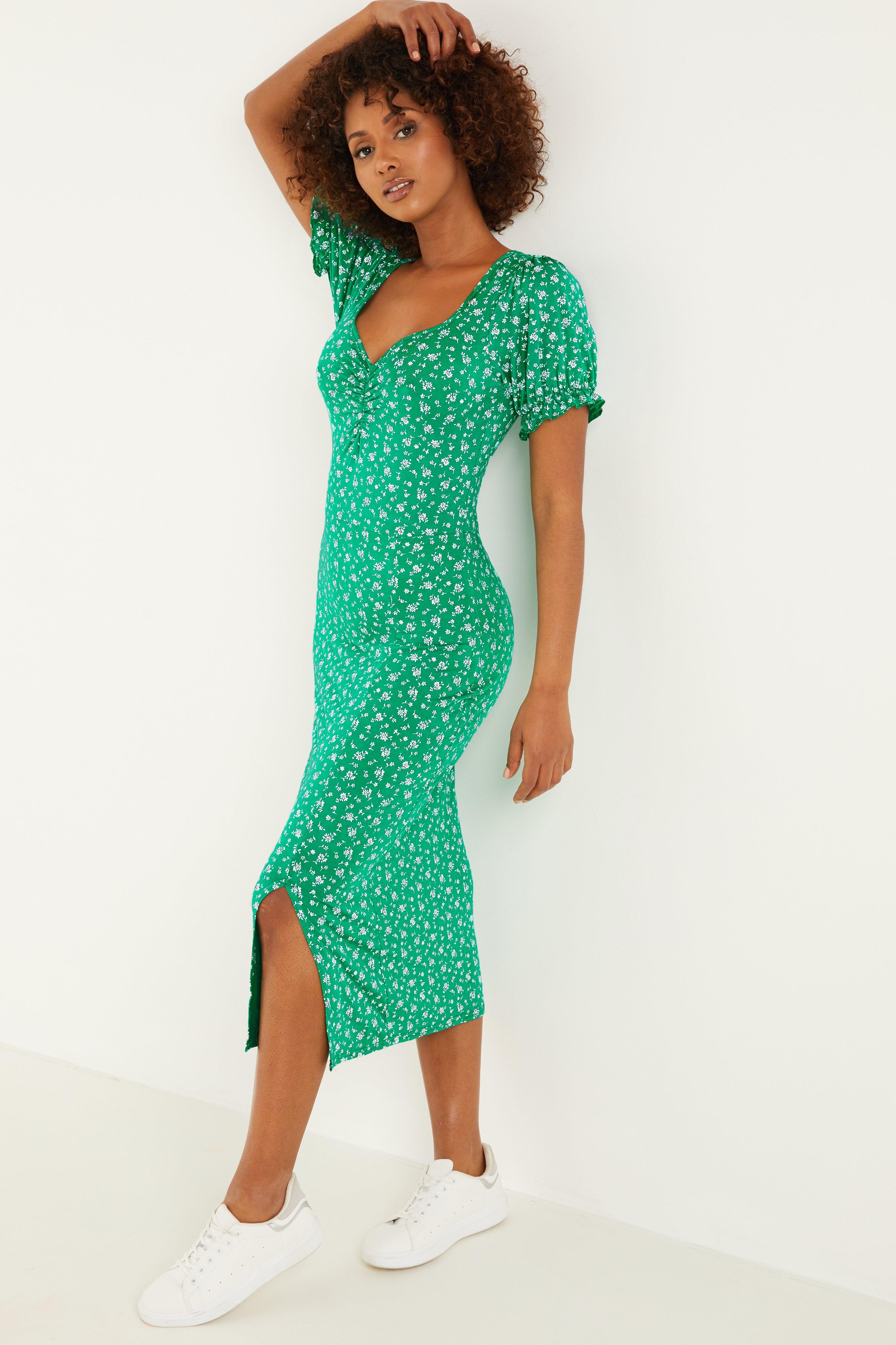 Green Floral Midi Dress - Quiz Clothing